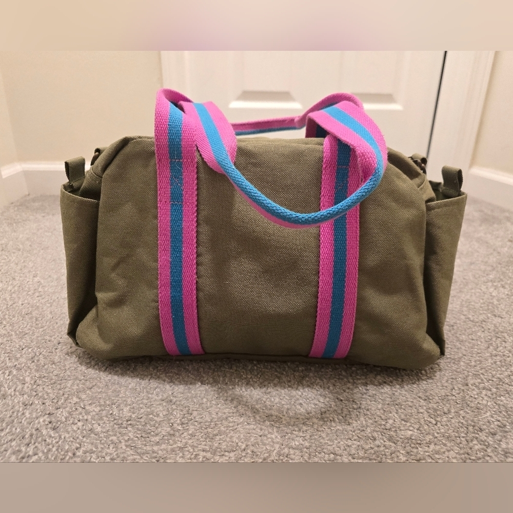 Ralph Lauren Messenger Bag Army Green Canvas Pink Stripes Travel Vacation - Picture 5 of 13